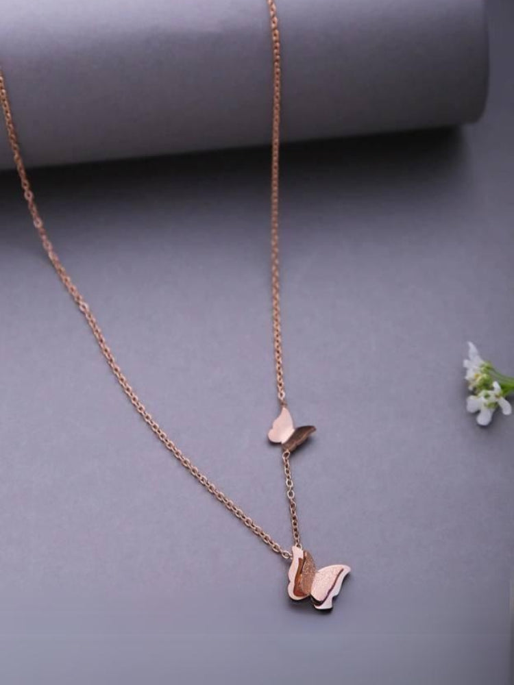 18k Rose Gold Micro Plated 100% Pure Stainless Steel Double Butterfly Necklace