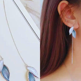 Korean Long Tassel Enamel Leaf Earrings with Stainless Steel Durability