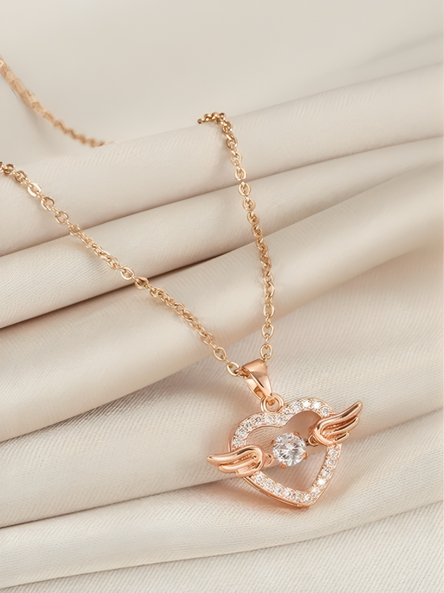 18k Rose Gold Micro Plated Angel Wing Heart with Dancing American Diamond