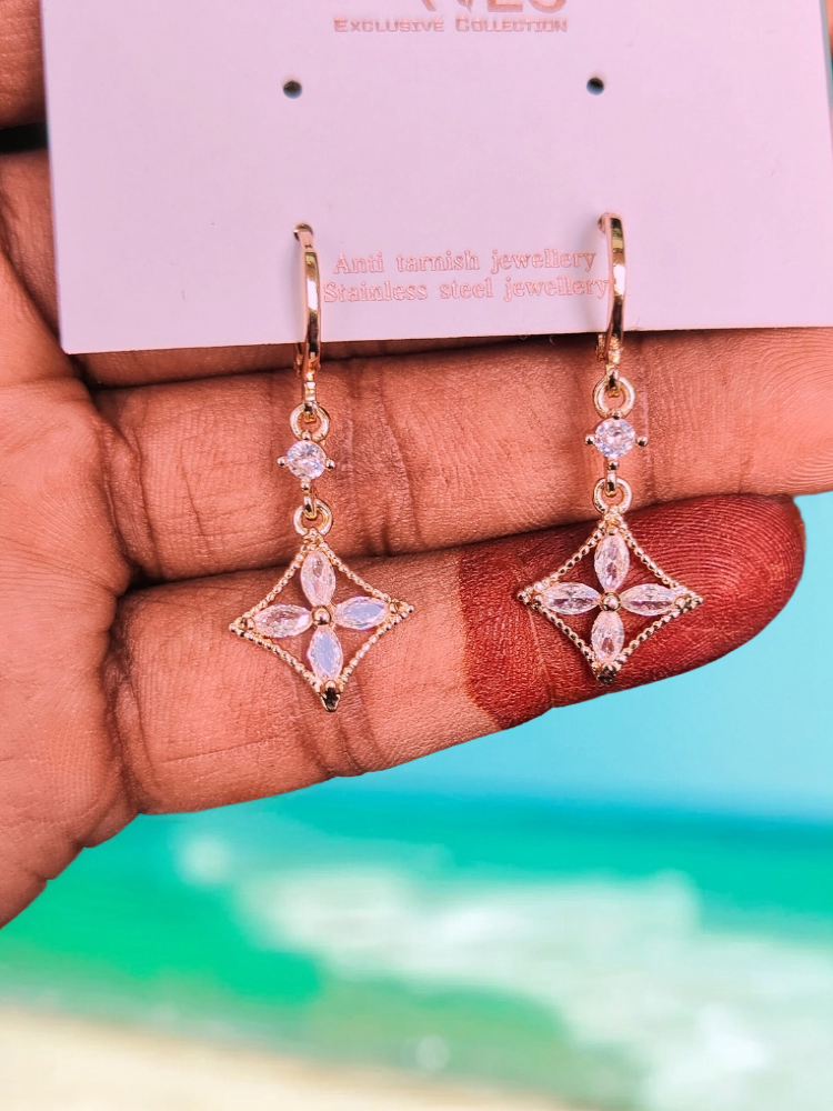 18K Rose Gold-Plated Shimmering Star Drop Earrings with American Diamonds – Timeless Elegance