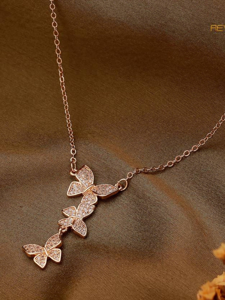 18k Rose Gold-Plated 100% Pure Stainless Steel Tri-Wing Butterfly Pendant Chain