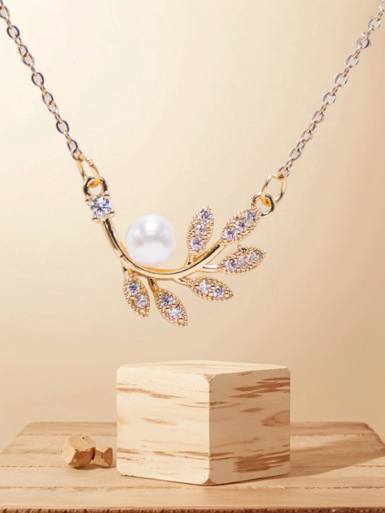 18k Gold Micro Plated 100% Pure Stainless Steel Leaf with Pearl and Zircon Stones – Enchanted Leaf Elegance