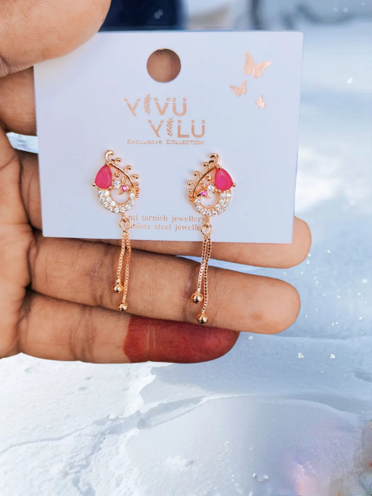 18K Rose Gold-Plated Pink Peacock Crystal Drop Earrings with Chain Dangle