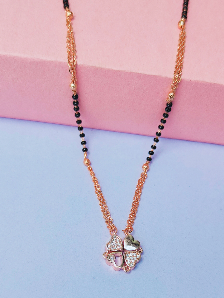 18K Rose Gold Micro Polished Mangalsutra with Black Beads and Small & Cute Magnetic Heart