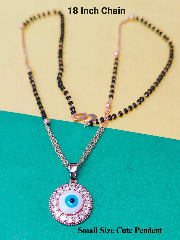 18K Rose Gold Micro Polished Mangalsutra with Black Beads and Small & Cute Evil Eye