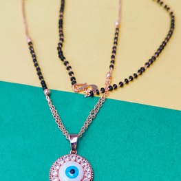 18K Rose Gold Micro Polished Mangalsutra with Black Beads and Small & Cute Evil Eye