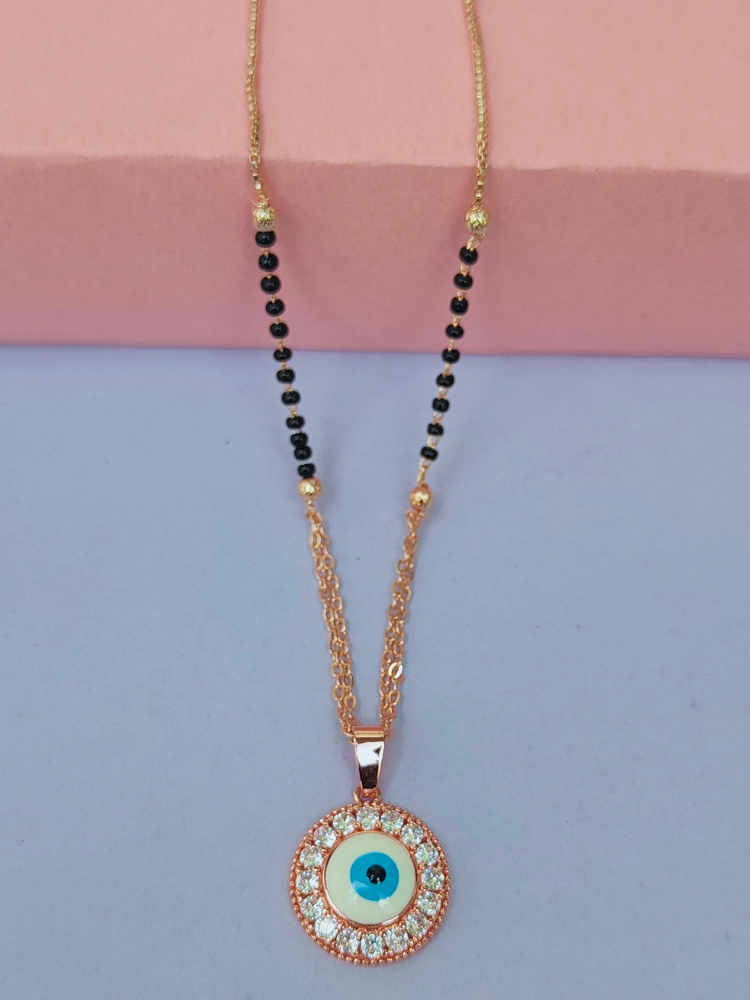 18K Rose Gold Micro Polished Mangalsutra with Black Beads and Small & Cute Evil Eye