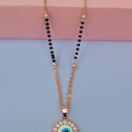 18K Rose Gold Micro Polished Mangalsutra with Black Beads and Small & Cute Evil Eye