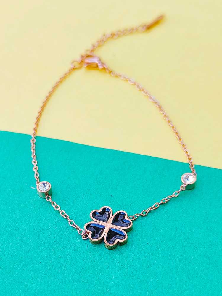 18k Rose Gold-Plated 100% Pure Stainless Steel Four-Leaf Clover Bracelet with Crystal Accents