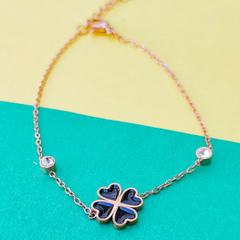 18k Rose Gold-Plated 100% Pure Stainless Steel Four-Leaf Clover Bracelet with Crystal Accents