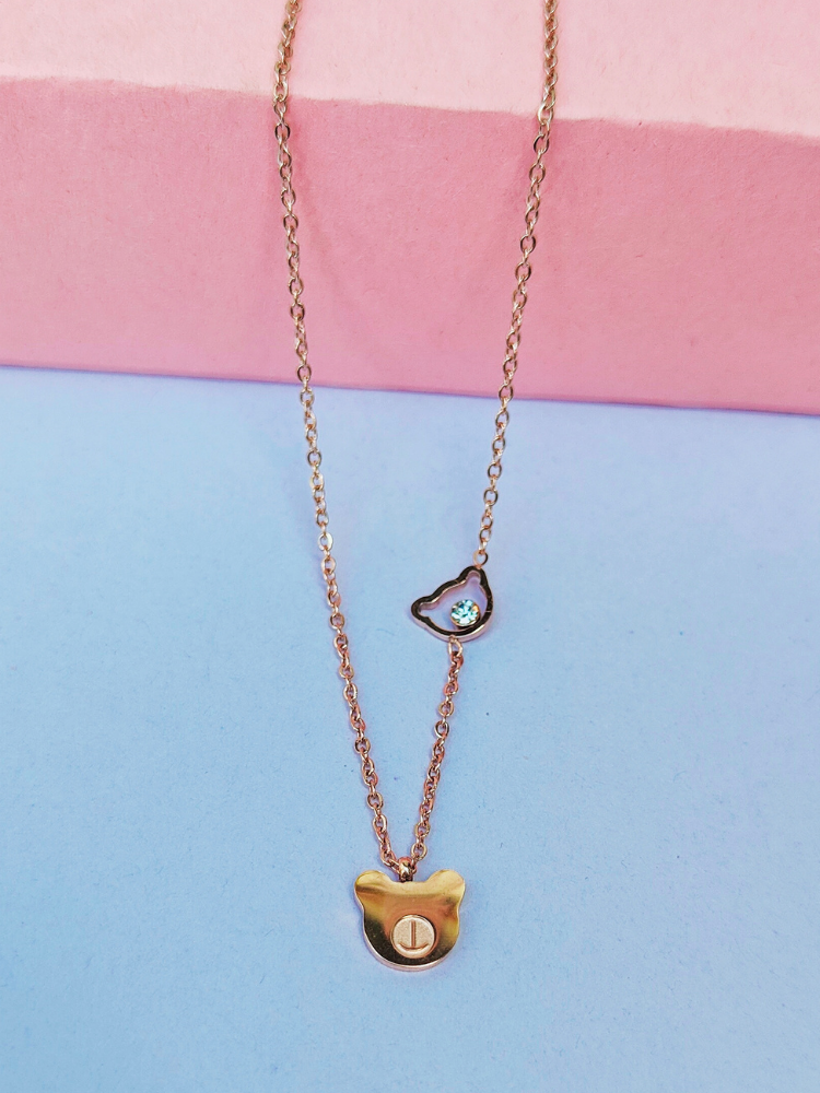 18k Rose Gold-Plated 100% Pure Stainless Steel Cute Bear Necklace with Diamond Accent