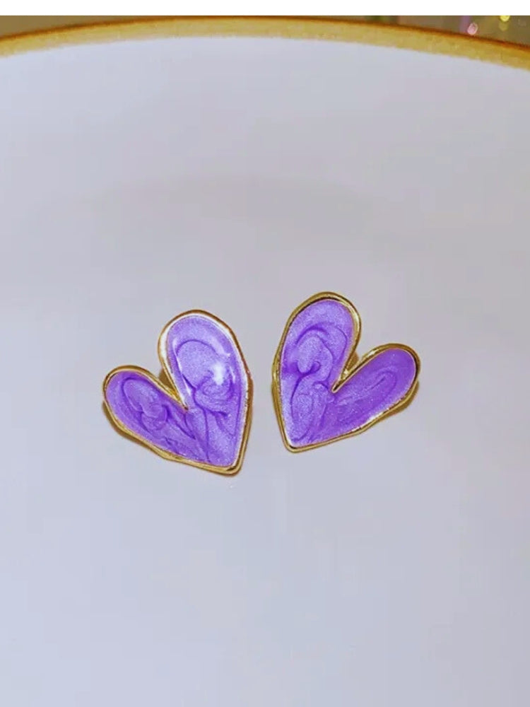 Korean Love beaten Hearts - Cute Dazzling Heart Studs ( Purple, White, Blue )