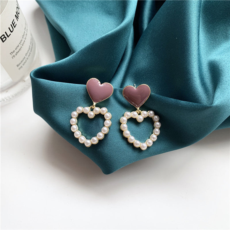 Elegant Pearl Heart Drop Korean Earrings – Romantic Statement for Every Occasion