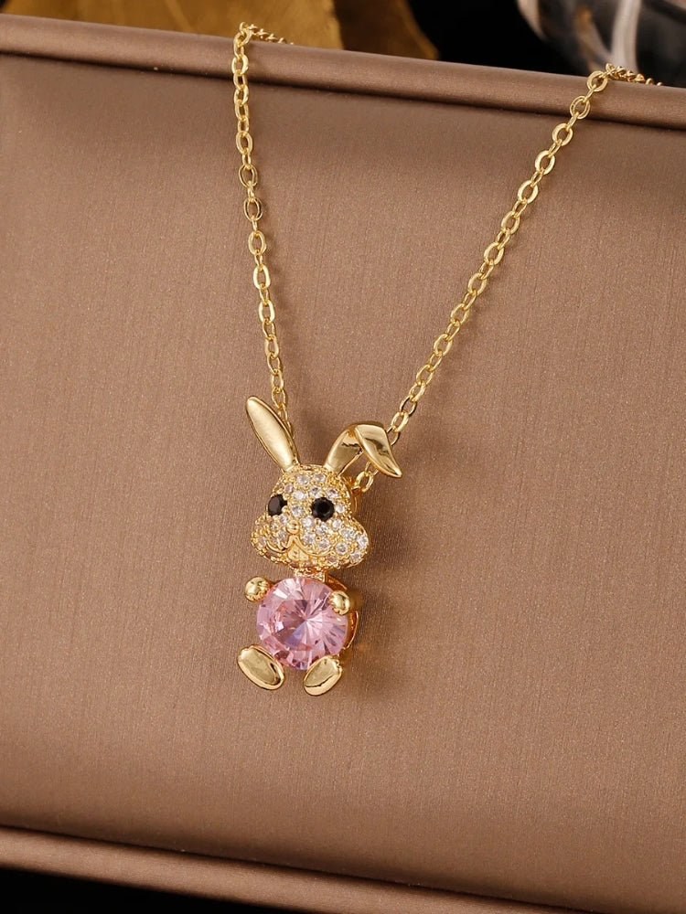 18k Gold Micro Plated 100% Pure Stainless Steel Cartoon Rabbit Pendant with Sparkling Pink Zircon Stone