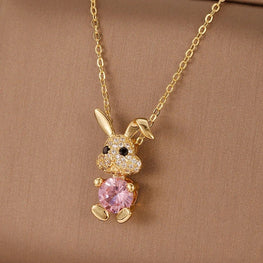 18k Gold Micro Plated 100% Pure Stainless Steel Cartoon Rabbit Pendant with Sparkling Pink Zircon Stone