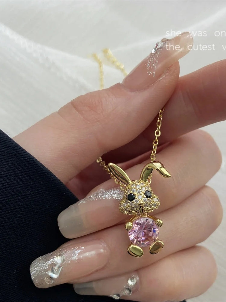 18k Gold Micro Plated 100% Pure Stainless Steel Cartoon Rabbit Pendant with Sparkling Pink Zircon Stone