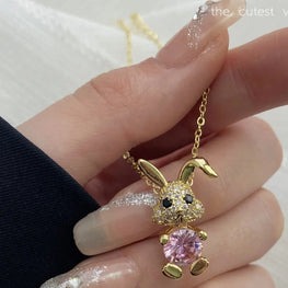 18k Gold Micro Plated 100% Pure Stainless Steel Cartoon Rabbit Pendant with Sparkling Pink Zircon Stone