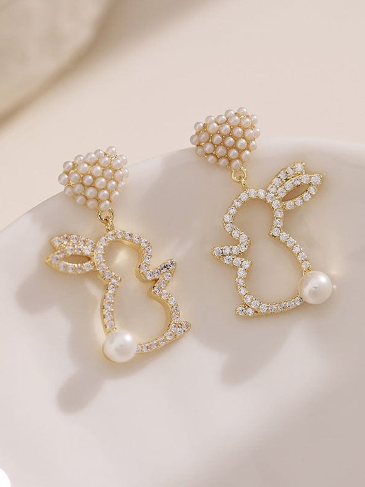 Charming Bunny Heart Pearl Drop Earrings – Whimsical Elegance