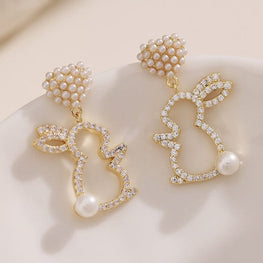 Charming Bunny Heart Pearl Drop Earrings – Whimsical Elegance