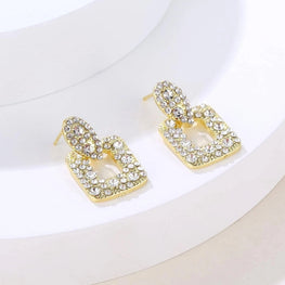 Golden Glamour – Radiant Rhinestone Square Drop Earrings